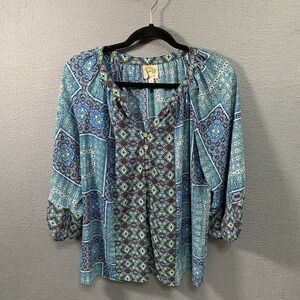 Fig and Flower Boho Paisley Patchwork V Neck Tunic Blouse Women Medium Blue